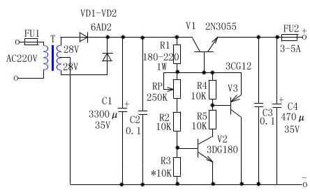 5v～25v之间任意调节,输出电流大,并采用可调稳压管式电路,从而得到