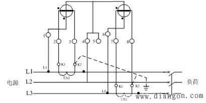 三相三线式(三相两元件)电度表经电流互感器接线图