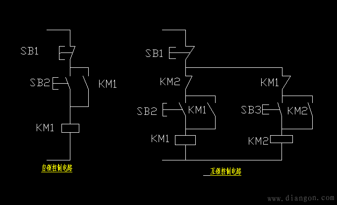 互锁:两个继电器各自的常闭触点和另外一个继电器的线圈串联