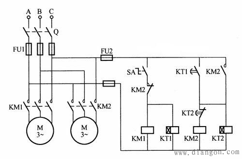 两台电动机交替启动停止电路图 - 电动机_电工学习网